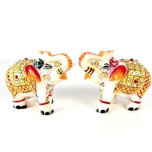 Vintage Set Of White Marble Elephants Hand Painted & Embellished Trunk up 4 luck